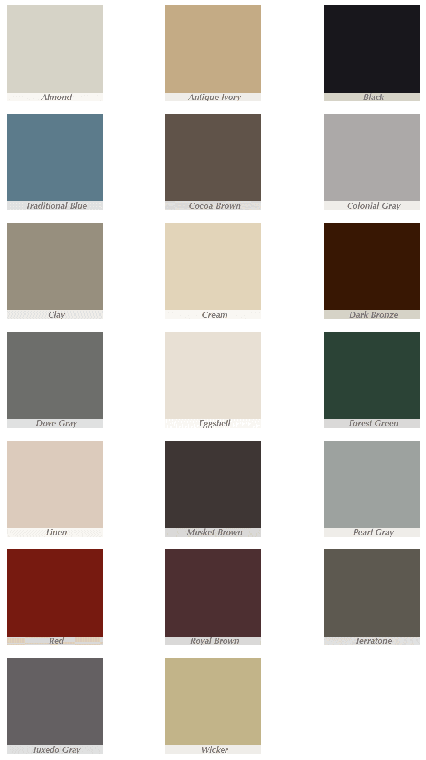 aluminum gutter color option chart
